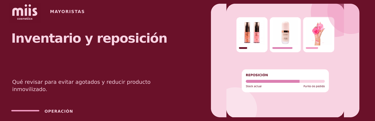 Banner panorámico de inventario y reposición de Miis Cosmetics