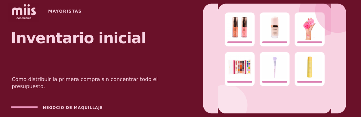 Banner panorámico de inventario inicial para mayoristas de Miis Cosmetics