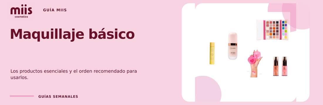 Banner panorámico de maquillaje básico con productos reales de Miis Cosmetics