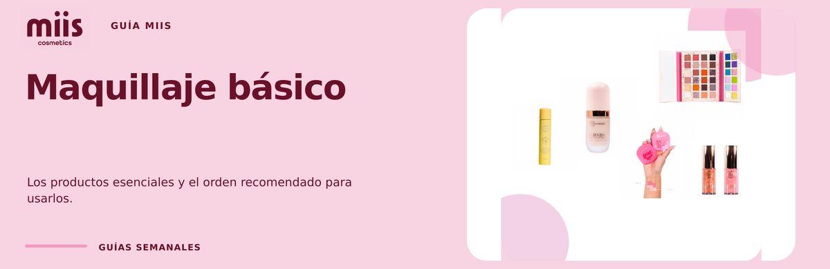 Banner panorámico de maquillaje básico con productos reales de Miis Cosmetics